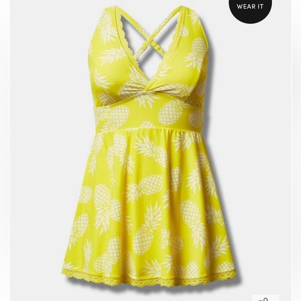 New Torrid sz‎ 2 Pineapple Wireless Mid Lace Trimmed Dress W/ Brief Swim 2X